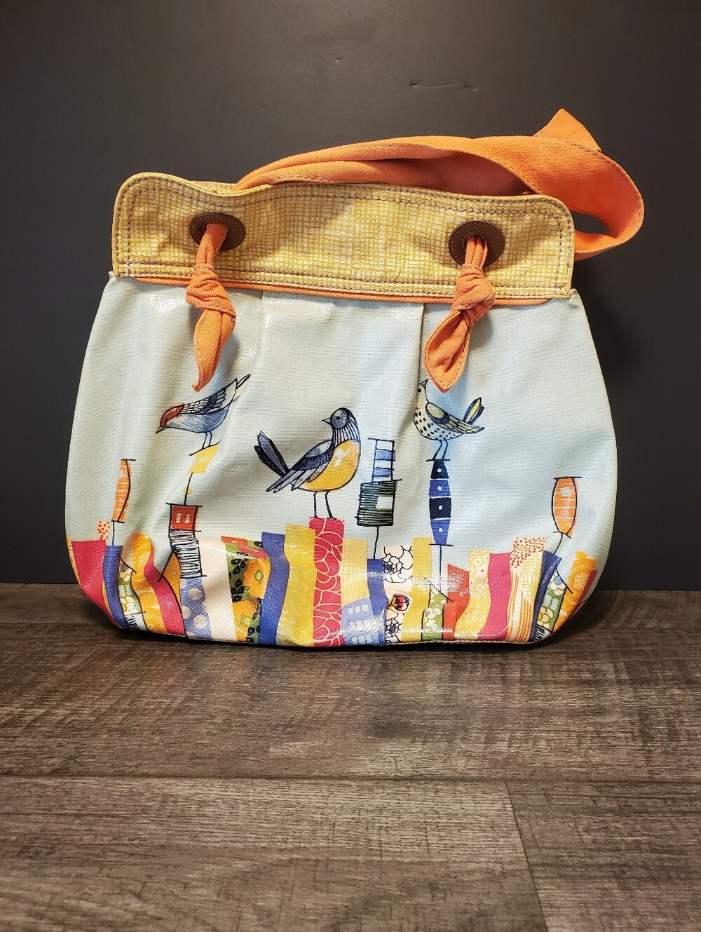 Fossil Bird-Print Canvas Shoulder Bag in Orange and Yellow Blue